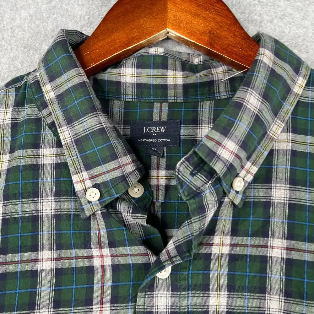 J Crew Heathered Cotton Shirt XL Green Plaid Casual Button Up Long Sleeve Mens